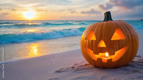 Glowing Halloween Pumpkin on the Beach at Sunset