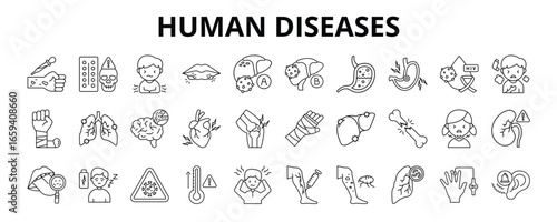 30 Human Diseases Line Icons Vector - Herpes, Diarrhea, HIV, Pneumonia, GERD, Bone Fracture, Typhus, Stroke, Tuberculosis, Asthma