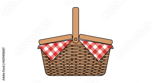 Charming handcrafted picnic basket illustration evoking idyllic outdoor dining adventures and joyful summer moments with a touch of classic vintage