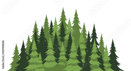 Stylized Coniferous Forest Illustration with Varying Green Hues and Triangular Shapes Forming Dense Woodland Scene