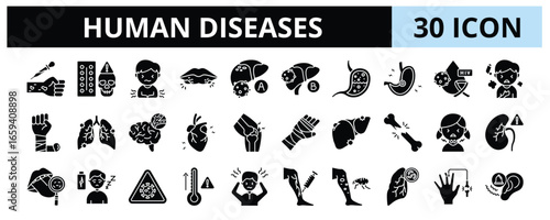 30 Human Diseases Glyph Icons Vector - Herpes, Diarrhea, HIV, Pneumonia, GERD, Bone Fracture, Typhus, Stroke, Tuberculosis, Asthma