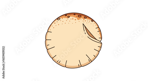 Cartoon illustration of a slightly cracked pita bread showing its inner layer, isolated against a white background in a simple and clear visual style