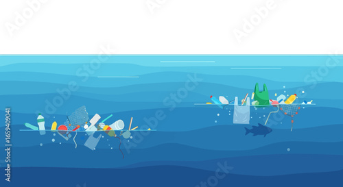 Ocean pollution illustration, depiction of floating plastic debris, environmental awareness, harmful plastics, impact of waste on marine ecosystem,