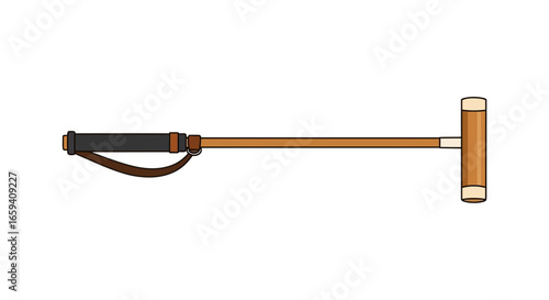 Detailed illustration of a polo mallet featuring a grip, shaft, and mallet head on a white backdrop