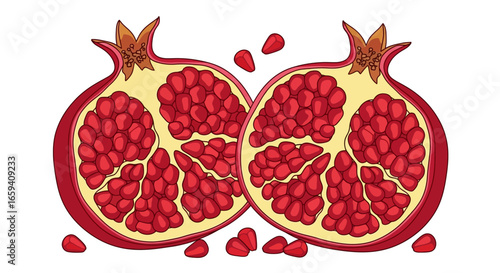 Vibrant pomegranate halves showcasing juicy arils with a graphic illustration style drawing attention with its vivid color and fruit detail