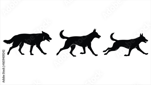 Canine animation cycle showing the different phases of a dog's or wolf's gait in silhouette