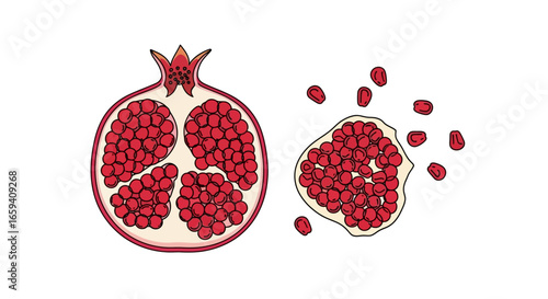 Artistic presentation of pomegranate halves, showcasing the vibrant red seeds and intricate internal structure against a clean white backdrop