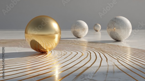 Gold and white spheres on a marble surface with abstract lines