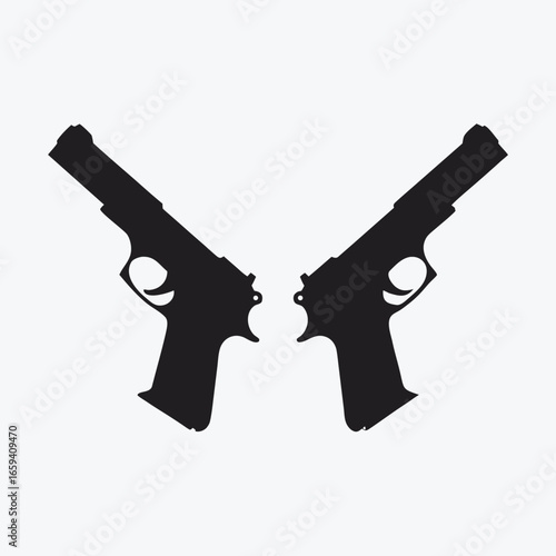 Two black handguns facing each other in a confrontational position