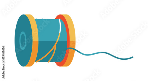 Stylized spool of thread in blue and orange color palette casting off with a blue wavy piece of thread coming out from it, craft concept design