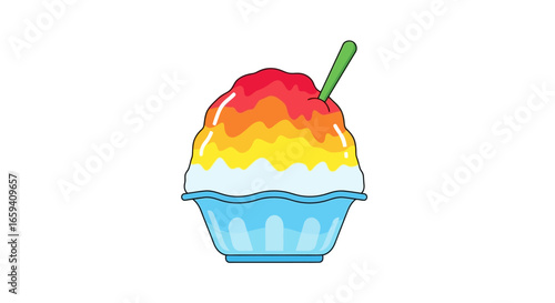Cartoon illustration showcasing a vibrant rainbow shaved ice dessert in a delightful blue cup, perfect for summer treats and refreshing moments
