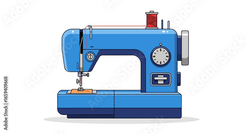 Illustration of a Classic Blue Sewing Machine with Red Thread Spool, Perfect for Crafting and Design Projects