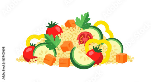 Wholesome Couscous Salad Composition: Bright Vegetables with Yellow Bell Pepper, Tomato and Cucumber Arrangement, Healthy Eating Concept