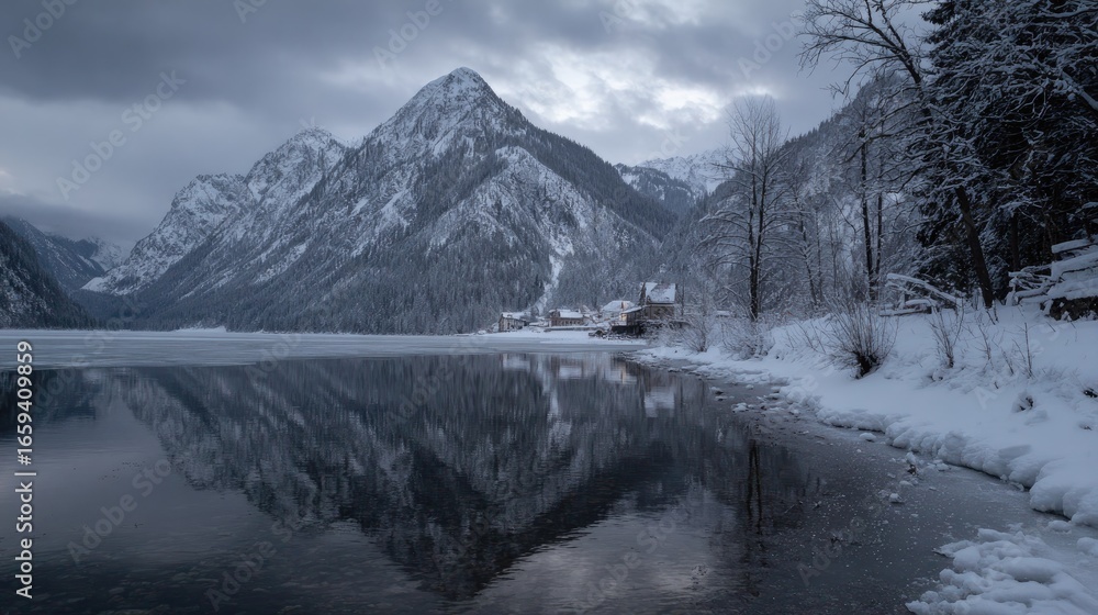 Fototapeta premium Snowy mountain lake reflecting a village