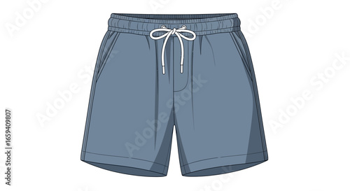 Stylized athletic shorts rendering against white, casual summer drawstring apparel, modern design for comfort and activity, blueish garment vector