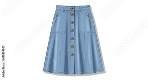 Denim Delight: Buttoned Midi Skirt in Sky Blue Hue, Casual and Timeless Style, Fashionable and Stylish Apparel, Vector Graphics Illustration