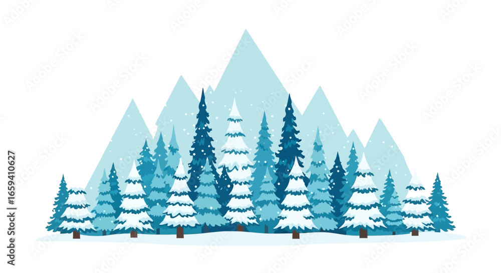 Obraz premium Serene winter landscape with snowy fir trees and mountain backdrop for peaceful holiday decoration
