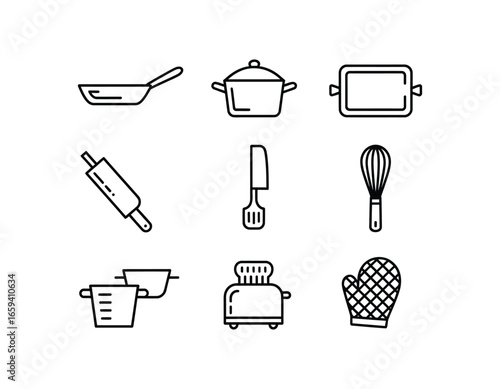 Kitchenware outline icons set including frying pan pot baking tray rolling pin knife whisk measuring cups toaster oven mitt on white background