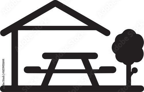 Picnic Shelter Icon – Outdoor Table Symbol with Roof and Tree