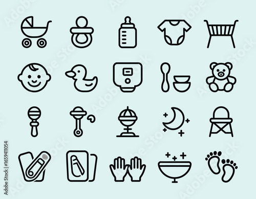 Line Art Baby Icon Set Collection Featuring Stroller Pacifier Bottle Onesie Crib Face Duck Monitor Spoon Teddy Rattle Globe Night Light Chair Diapers Gloves Bowl Footprints