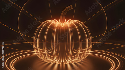 Glowing orange pumpkin made of light lines on a dark background