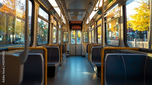 The empty inside of a Trimet MAX streetcar in Portland,