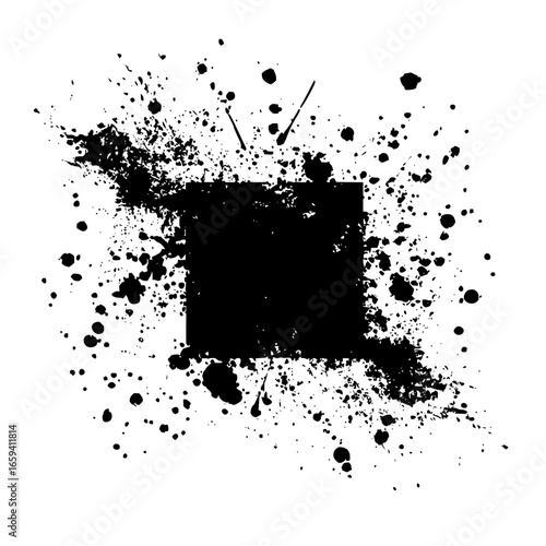 Black ink splatter square vector design element for abstract grunge background and artistic design, 100 chars