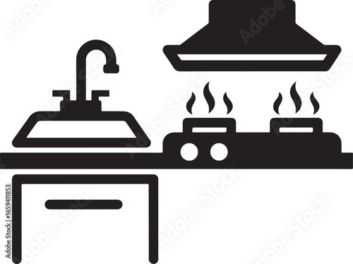 Kitchen Icon – Cooking Stove and Sink Symbol with Exhaust Hood