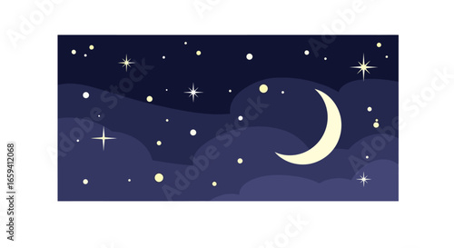 A serene nightscape illustration featuring a crescent moon amid twinkling stars and gentle clouds offering peacefulness and tranquility