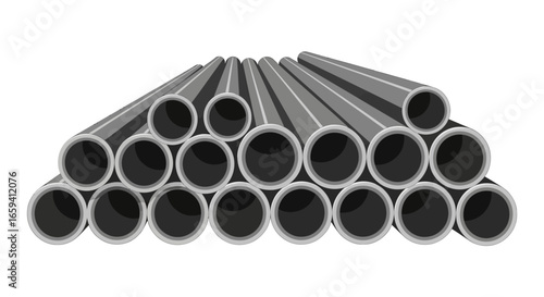 Organized structure of cylindrical steel pipes stacked in a symmetrical pattern perfect for industrial backgrounds or construction related visuals