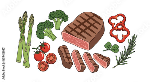 Illustrative culinary delight featuring grilled steak paired with fresh vegetables like asparagus and broccoli creating a balanced nutritional