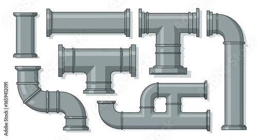 Collection of plumbing pipe fittings, a graphic representation for engineering needs with gray metal construction components on a white seamless