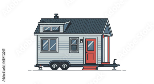 Stylized illustration featuring a charming tiny house on wheels emphasizing simplistic living and mobile home concept with clean lines and muted