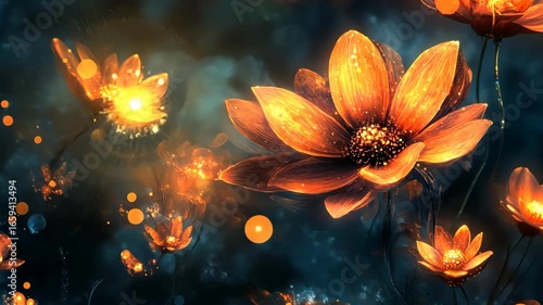 Dynamic Luminous Fantasy Flowers Bloom and Sparkle in a Dark Ethereal Dreamscape a Mesmerizing Magical Enchanting Visual Journey.