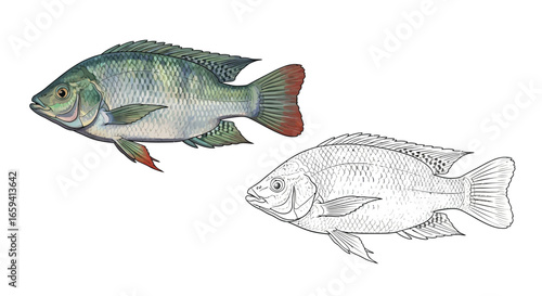Tilapia Zillii Coloring Sheet with Outline Drawing and Colorful Reference for Fun Learning