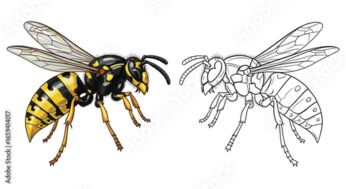 Wasp and Outline Wasp Coloring Page for Focused Creativity and Detailed Art Therapy