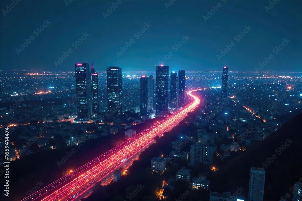 Fototapeta premium Futuristic Cityscape at Night Glowing Network Lines Illuminate a Seamlessly Connected Technological Metropolis, Evoking Innovation and Progress