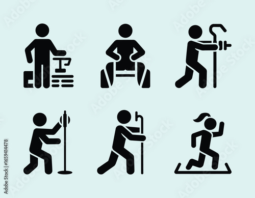 Physical Therapy Rehabilitation Exercises Stick Figures Representing Various Forms of Treatment and Recovery Methods for Injuries