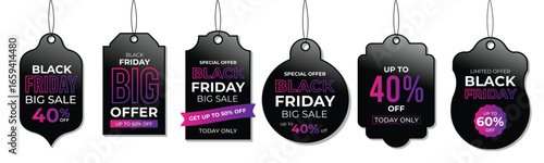 Black Friday Sale Tags Set Vector Illustration – Modern Discount Labels with Special Offer, Big Sale, Price Tags, and Shopping Promotion Design for Holiday Deals, Marketing, and E-commerce Banners