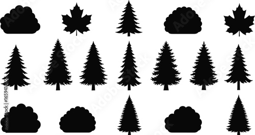 Tree and leaf silhouette collection with maple leaves, conifer trees, and bush shapes, black vector icons for nature design illustration.