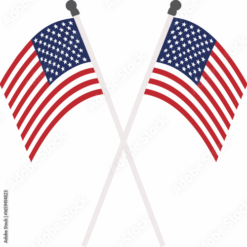 Two american flags crossed over each other on white poles