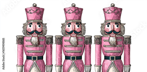 Three pink nutcrackers standing side by side on a white background with detailed line work and shading