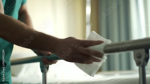 A nurse disinfecting a hospital bed rail with a wipe. Nursing actions video. AI generated video.