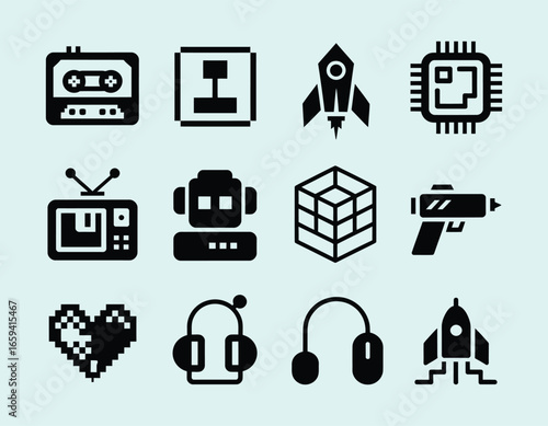 Retro Gaming and Technology Icons Black Silhouette Collection Nostalgic Devices and Symbols Electronic Gadgets and Entertainment Culture Pixel Art