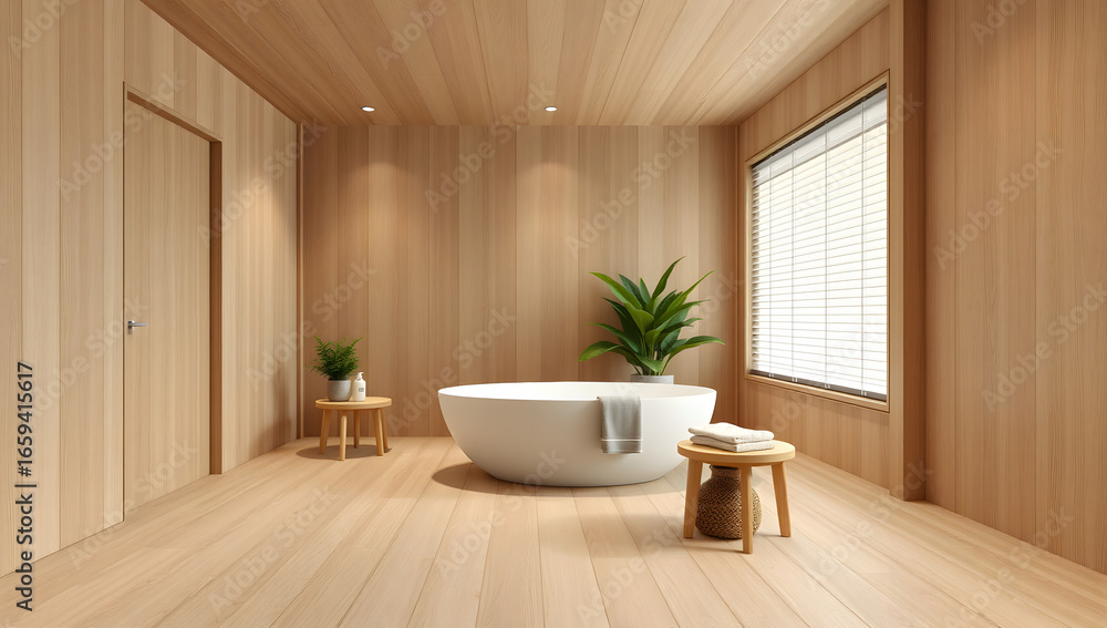 Fototapeta premium Warm natural Japanese minimalist bathroom design