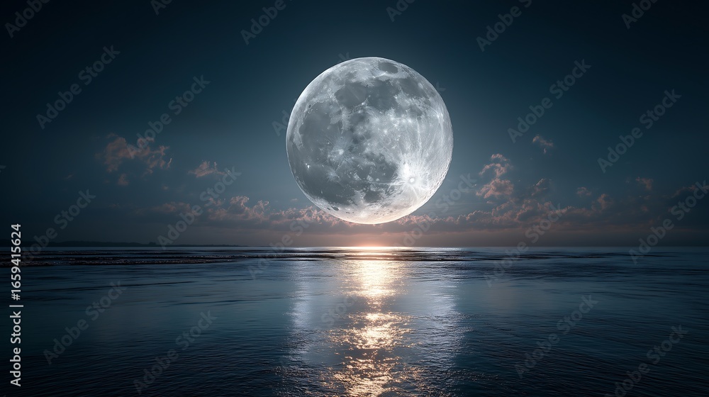 Fototapeta premium A breathtaking full moon casts its mesmerizing, radiant reflection across the tranquil waters of the vast ocean, creating an ethereal and serene night seascape under a cloudy sky.