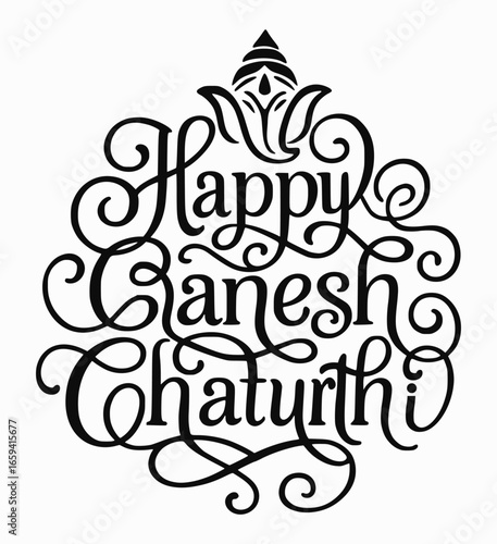 Stylish vector calligraphy design of Happy Ganesh Chaturthi with elegant swirls and decorative typography. Ganesh, Chaturthi, calligraphy, festival, Hindu, typography, decorative, Indian, celebration