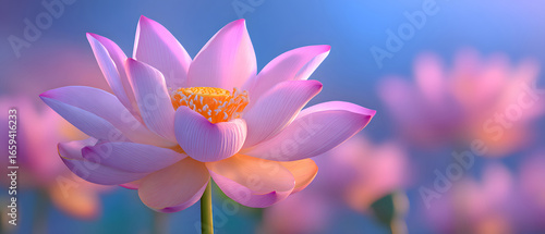 Pink lotus blooming peacefully on lake