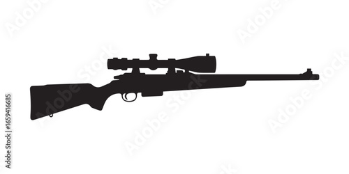 silhouette rifle vector with scope and trigger on checkered grayscale pattern background, hunting and tactical weapon icon