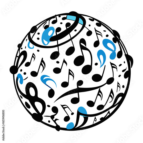 A sphere covered with black and blue musical notes and symbols everywhere